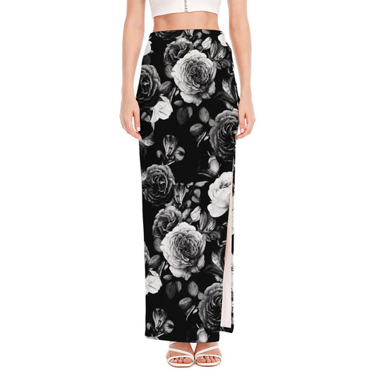 Black White Rose Floral Pattern Print High Slit Maxi Skirt