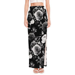 Black White Rose Floral Pattern Print High Slit Maxi Skirt