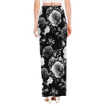 Black White Rose Floral Pattern Print High Slit Maxi Skirt