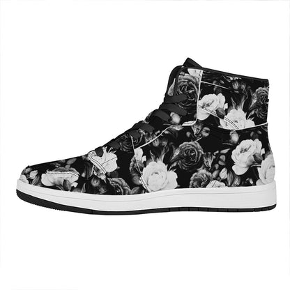 Black White Rose Floral Pattern Print High Top Leather Sneakers