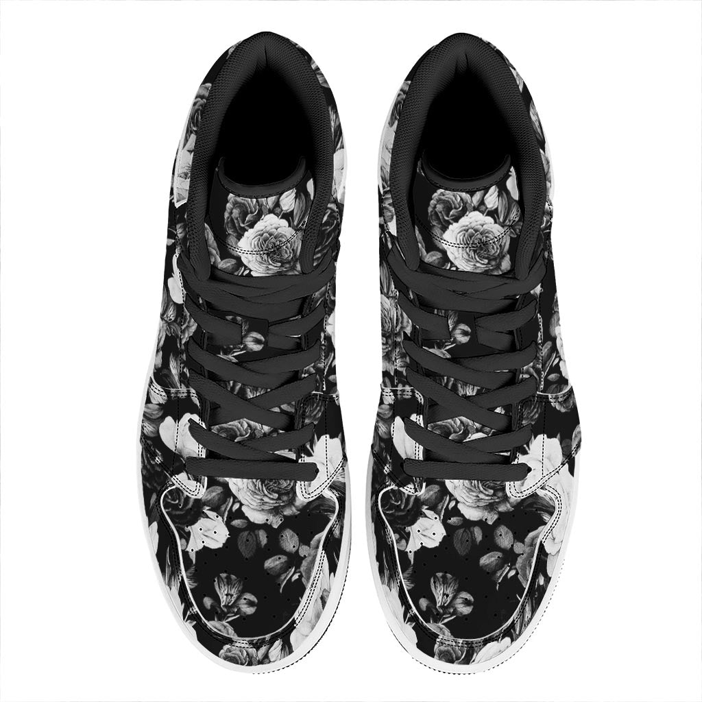 Black White Rose Floral Pattern Print High Top Leather Sneakers