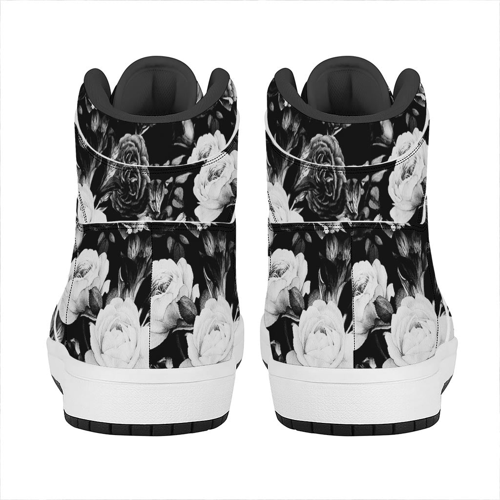 Black White Rose Floral Pattern Print High Top Leather Sneakers