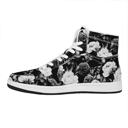 Black White Rose Floral Pattern Print High Top Leather Sneakers