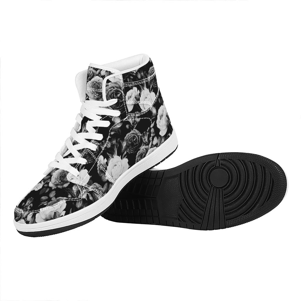 Black White Rose Floral Pattern Print High Top Leather Sneakers