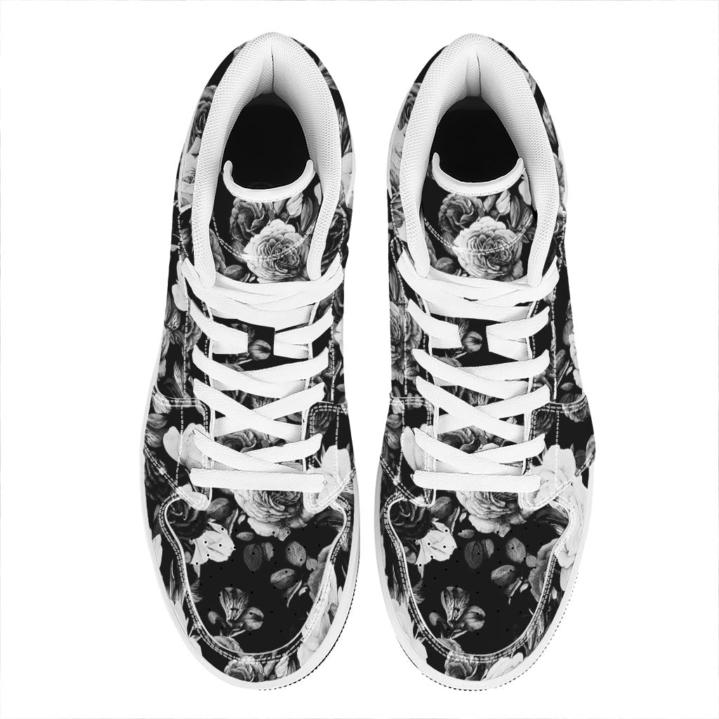 Black White Rose Floral Pattern Print High Top Leather Sneakers