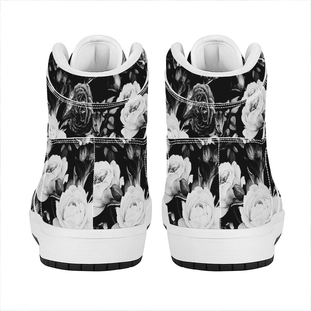 Black White Rose Floral Pattern Print High Top Leather Sneakers