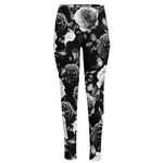 Black White Rose Floral Pattern Print High-Waisted Pocket Leggings