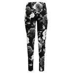 Black White Rose Floral Pattern Print High-Waisted Pocket Leggings