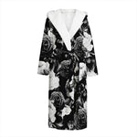 Black White Rose Floral Pattern Print Hooded Bathrobe