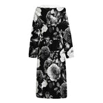 Black White Rose Floral Pattern Print Hooded Bathrobe