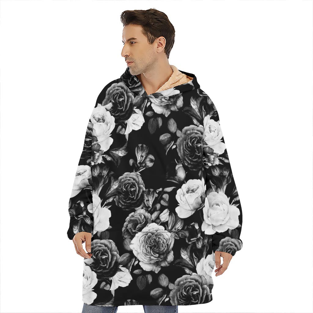Black White Rose Floral Pattern Print Hoodie Blanket