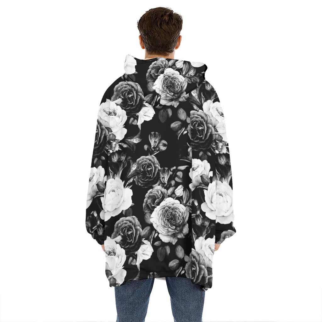 Black White Rose Floral Pattern Print Hoodie Blanket