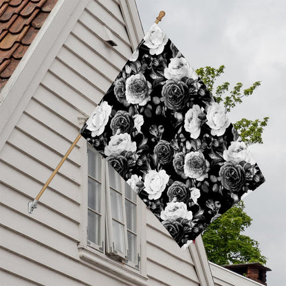 Black White Rose Floral Pattern Print House Flag