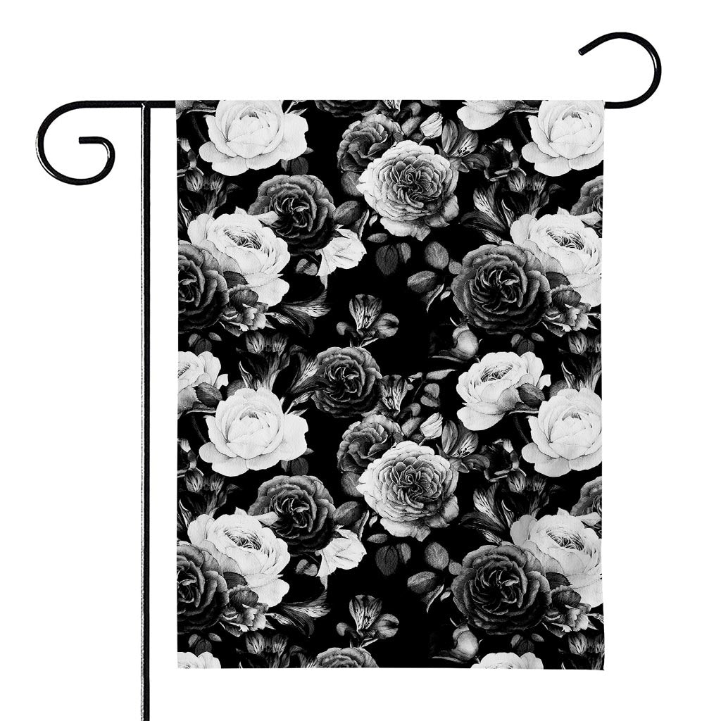 Black White Rose Floral Pattern Print House Flag