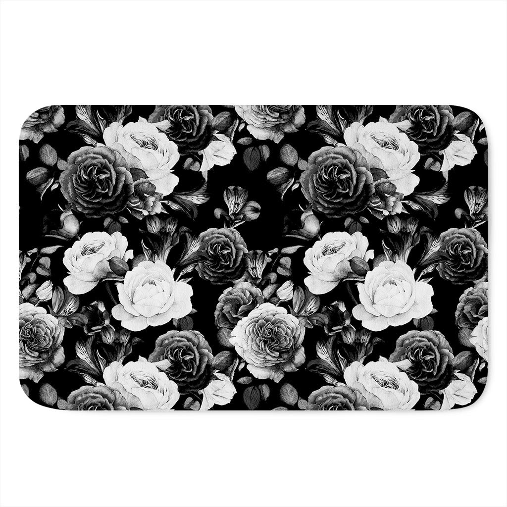 Black White Rose Floral Pattern Print Indoor Door Mat