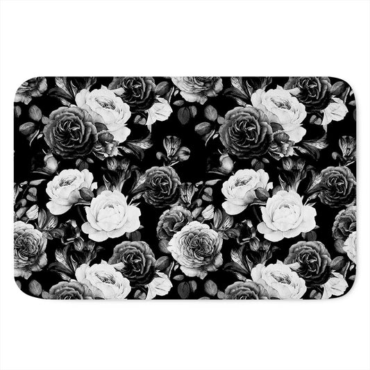Black White Rose Floral Pattern Print Indoor Door Mat