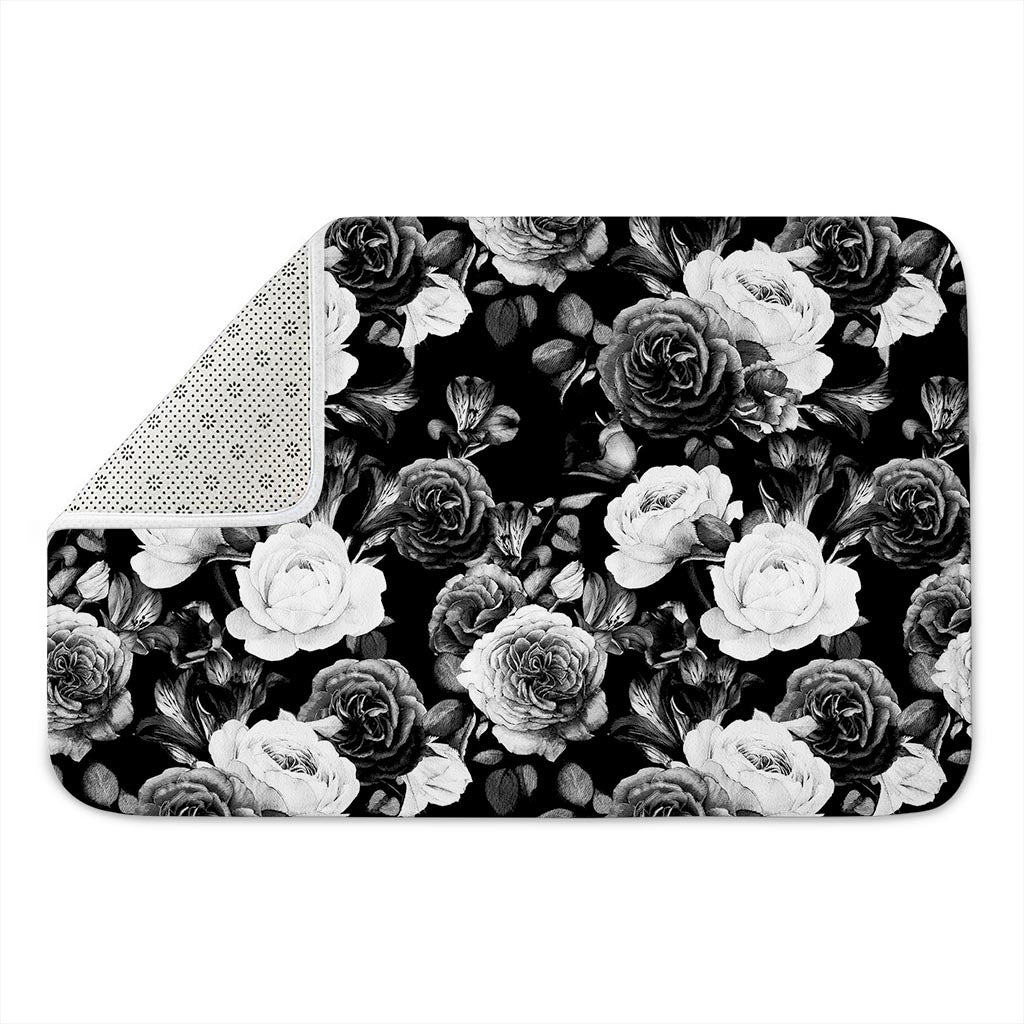 Black White Rose Floral Pattern Print Indoor Door Mat