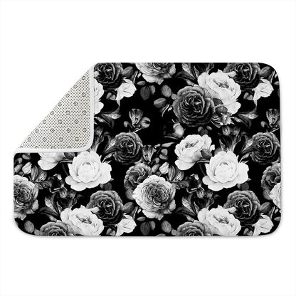 Black White Rose Floral Pattern Print Indoor Door Mat