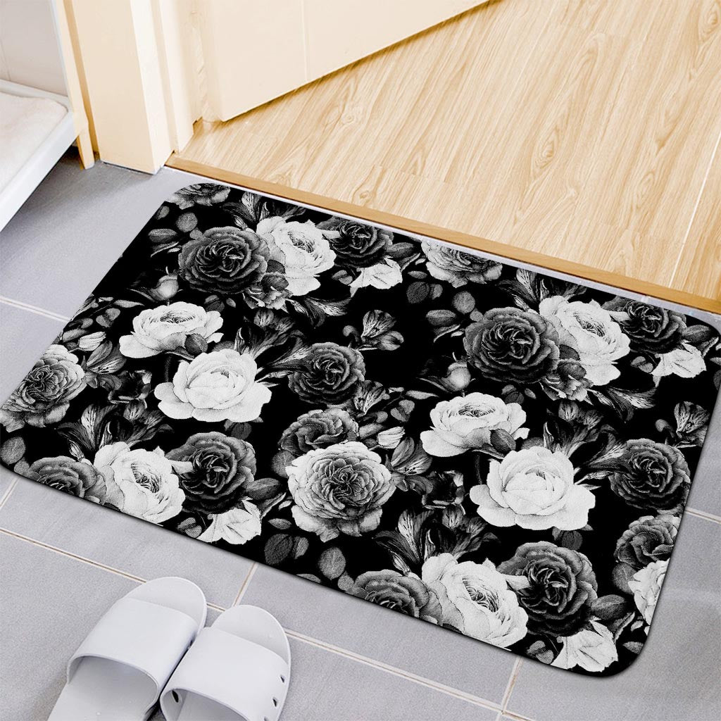 Black White Rose Floral Pattern Print Indoor Door Mat