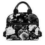 Black White Rose Floral Pattern Print Insulated Lunch Bag