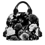 Black White Rose Floral Pattern Print Insulated Lunch Bag