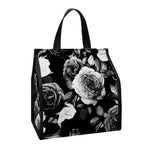 Black White Rose Floral Pattern Print Insulated Lunch Tote