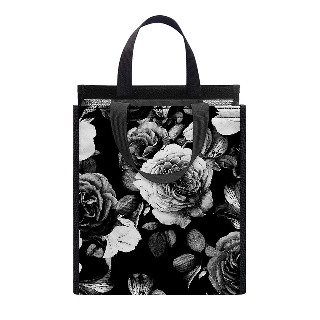 Black White Rose Floral Pattern Print Insulated Lunch Tote