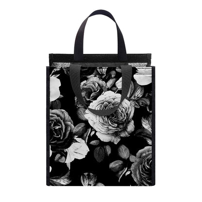 Black White Rose Floral Pattern Print Insulated Lunch Tote