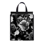 Black White Rose Floral Pattern Print Insulated Lunch Tote