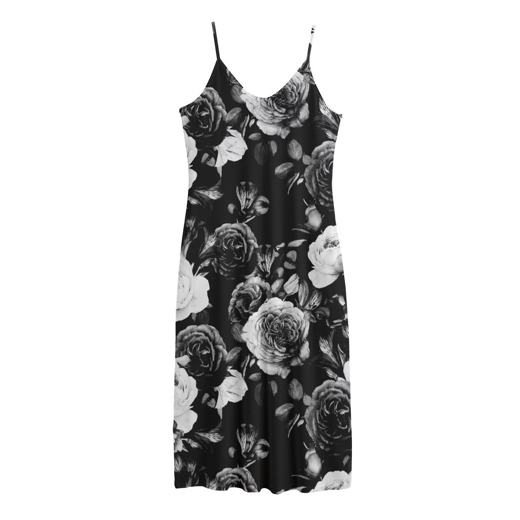 Black White Rose Floral Pattern Print Jersey Midi Cami Dress