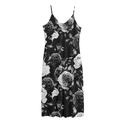 Black White Rose Floral Pattern Print Jersey Midi Cami Dress