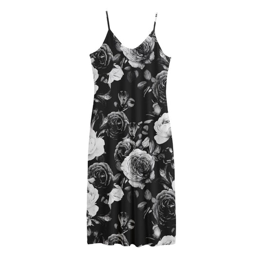 Black White Rose Floral Pattern Print Jersey Midi Cami Dress
