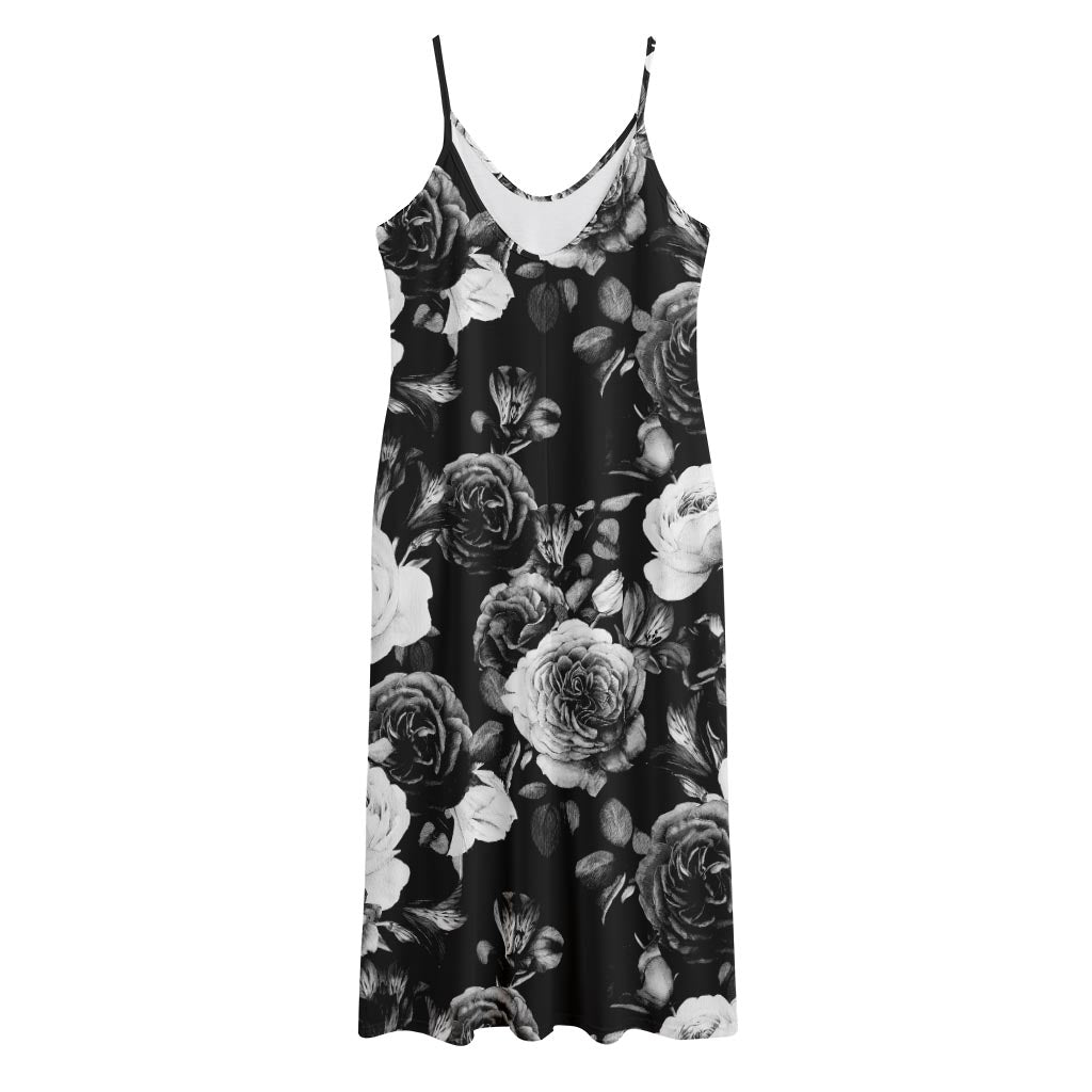 Black White Rose Floral Pattern Print Jersey Midi Cami Dress