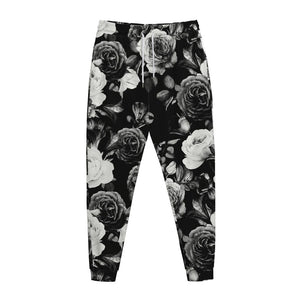 Black White Rose Floral Pattern Print Jogger Pants