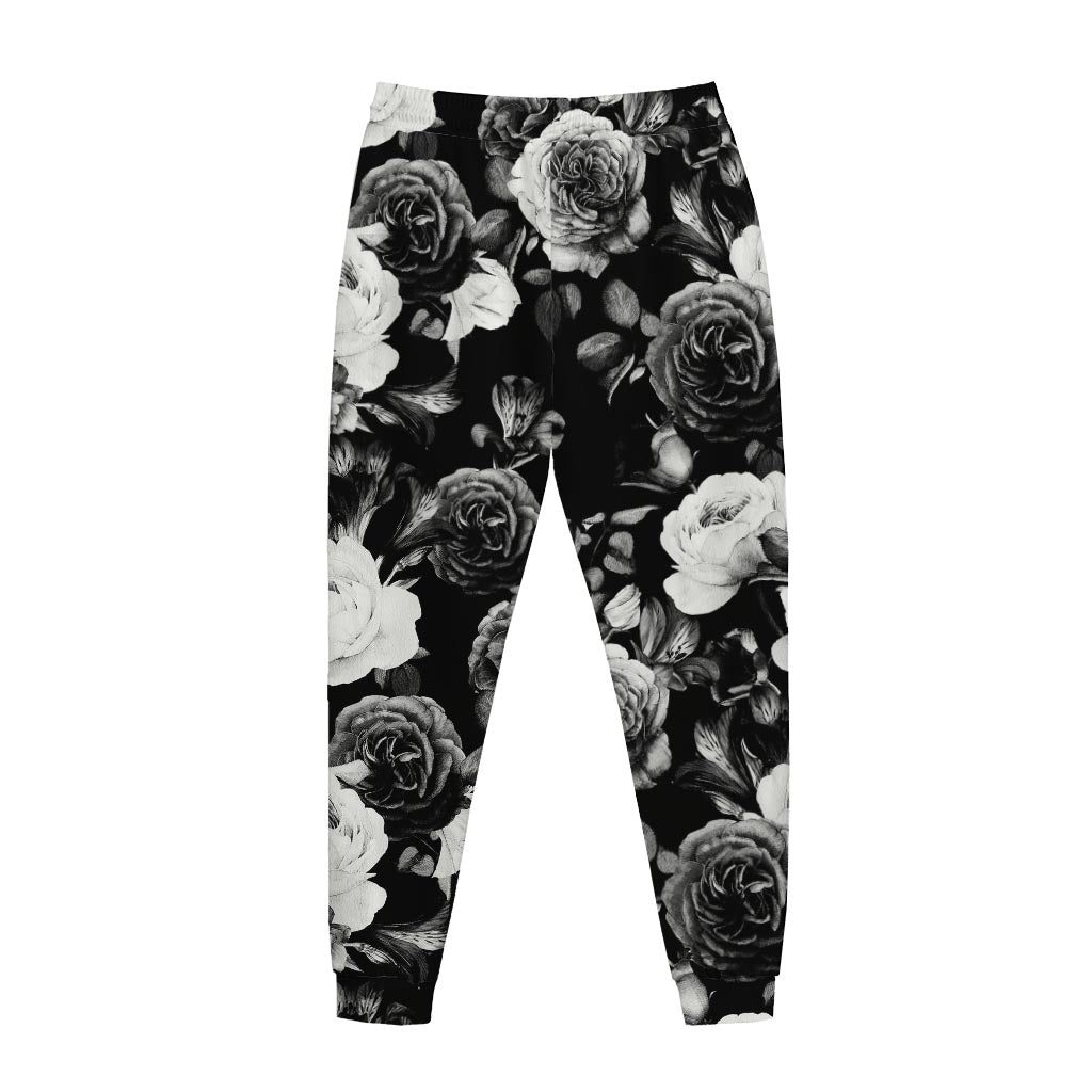 Black White Rose Floral Pattern Print Jogger Pants