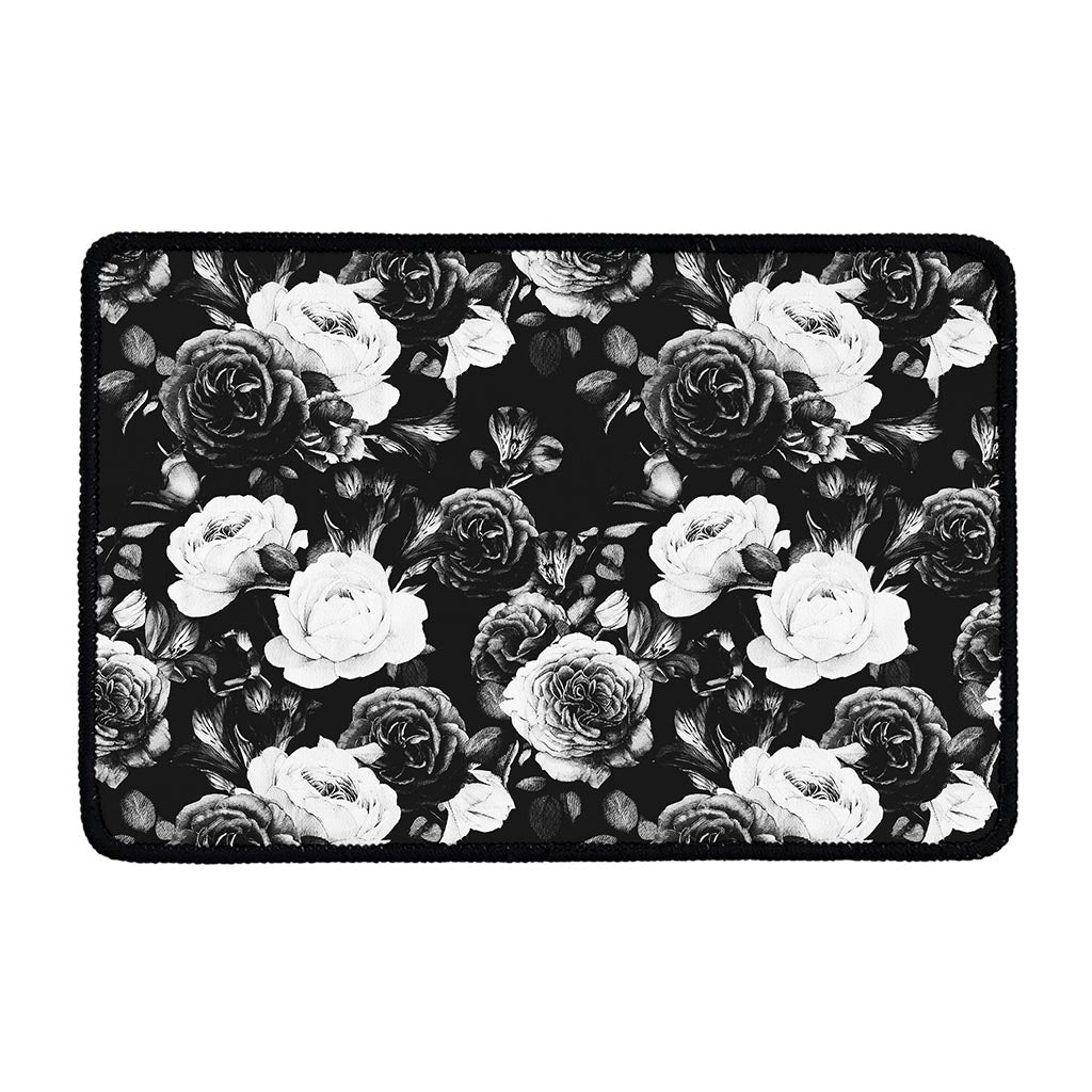 Black White Rose Floral Pattern Print Kitchen Mat