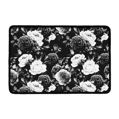Black White Rose Floral Pattern Print Kitchen Mat