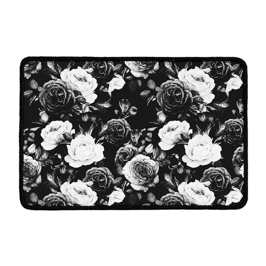 Black White Rose Floral Pattern Print Kitchen Mat