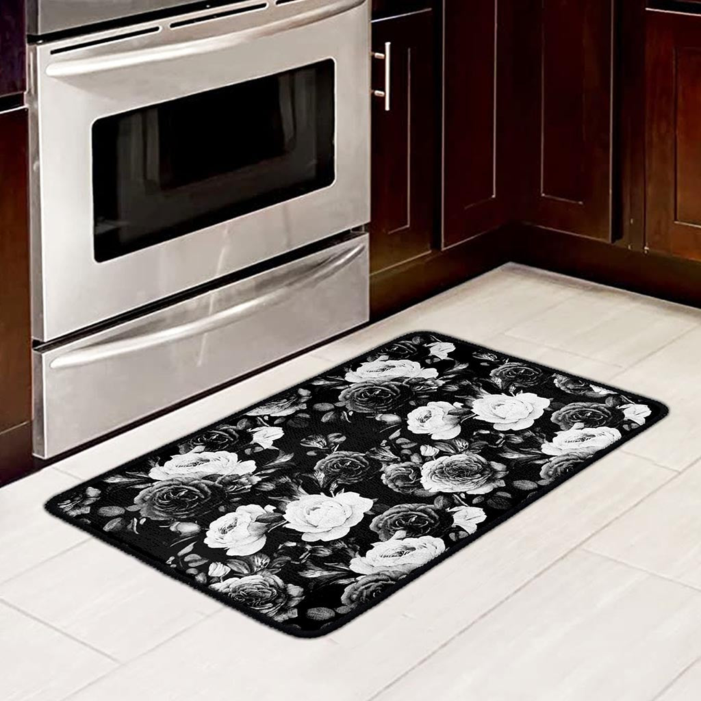 Black White Rose Floral Pattern Print Kitchen Mat