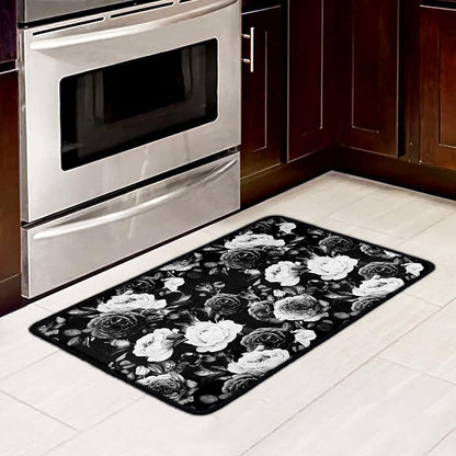 Black White Rose Floral Pattern Print Kitchen Mat