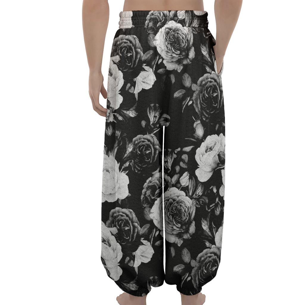 Black White Rose Floral Pattern Print Lantern Pants