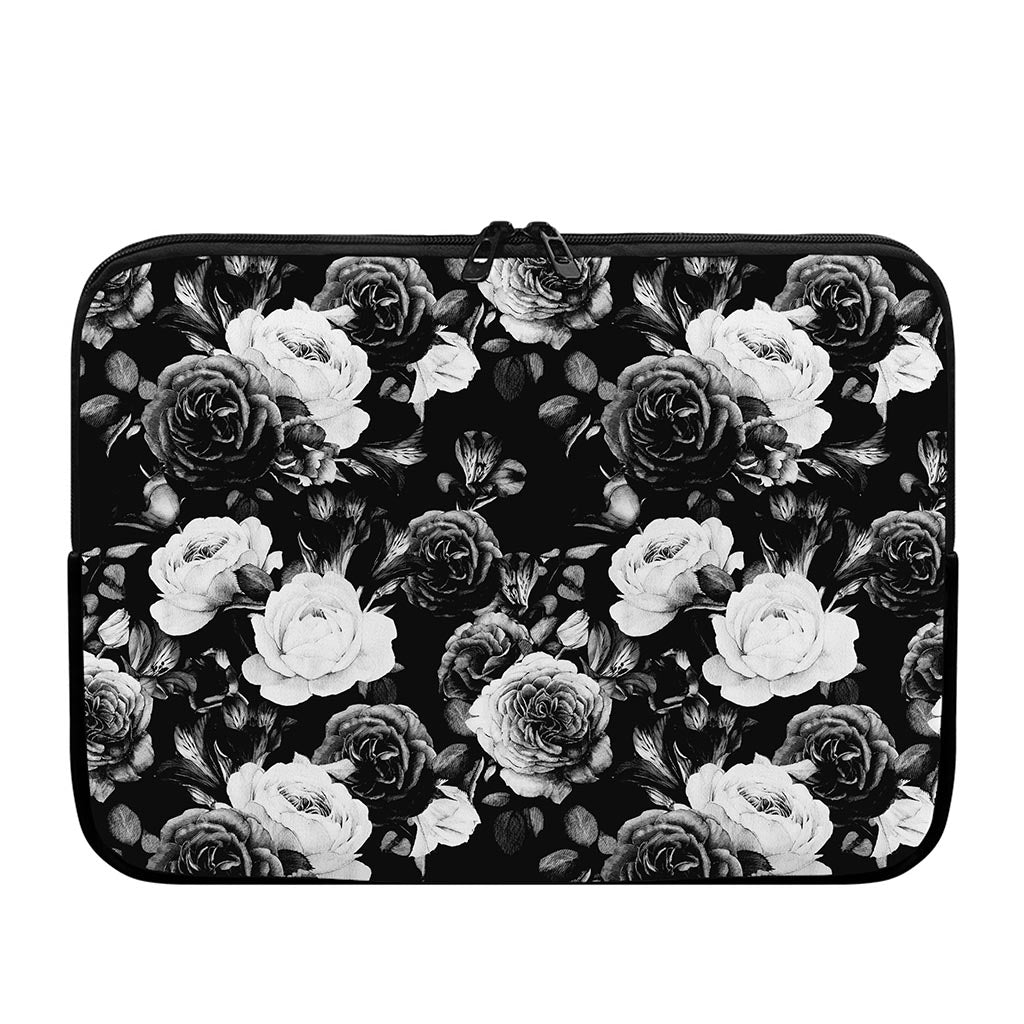 Black White Rose Floral Pattern Print Laptop Sleeve