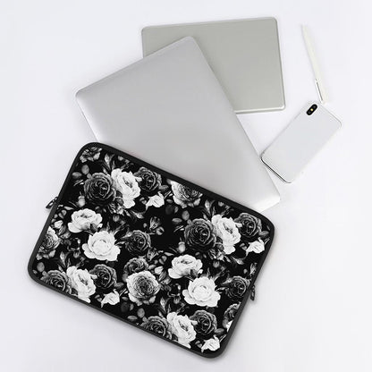 Black White Rose Floral Pattern Print Laptop Sleeve