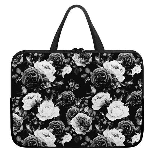 Black White Rose Floral Pattern Print Laptop Sleeve With Handle