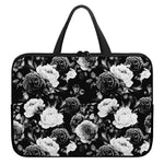 Black White Rose Floral Pattern Print Laptop Sleeve With Handle