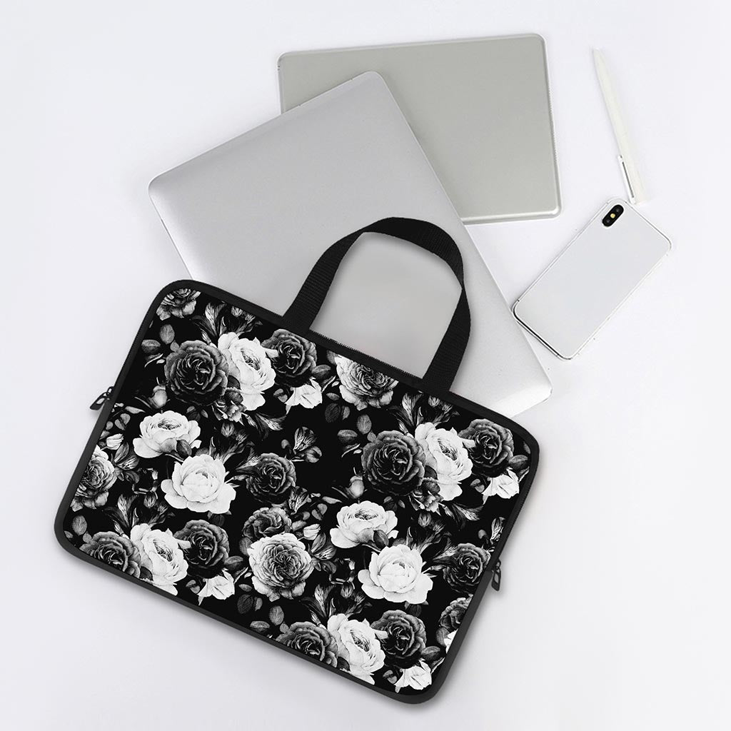 Black White Rose Floral Pattern Print Laptop Sleeve With Handle