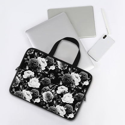 Black White Rose Floral Pattern Print Laptop Sleeve With Handle