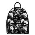 Black White Rose Floral Pattern Print Leather Backpack