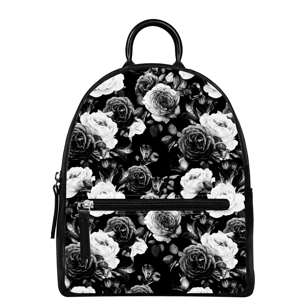 Black White Rose Floral Pattern Print Leather Backpack