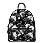 Black White Rose Floral Pattern Print Leather Backpack